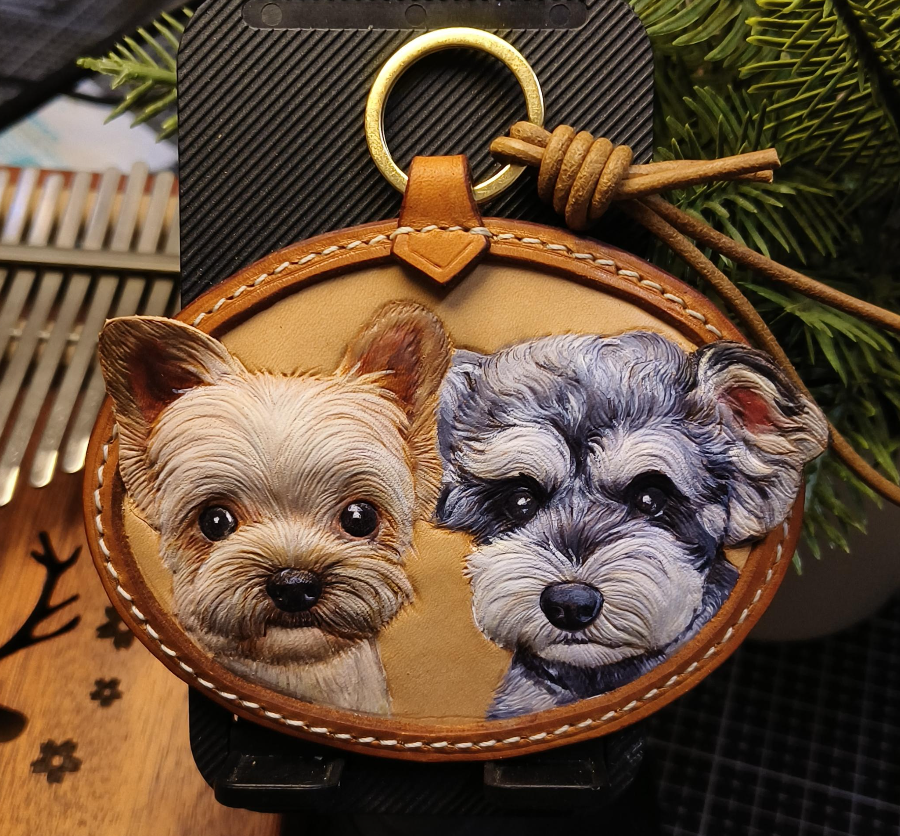 Oval double pet leather carving pet tag