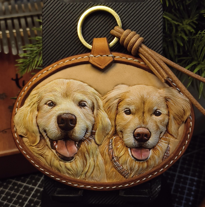 Oval double pet leather carving pet tag